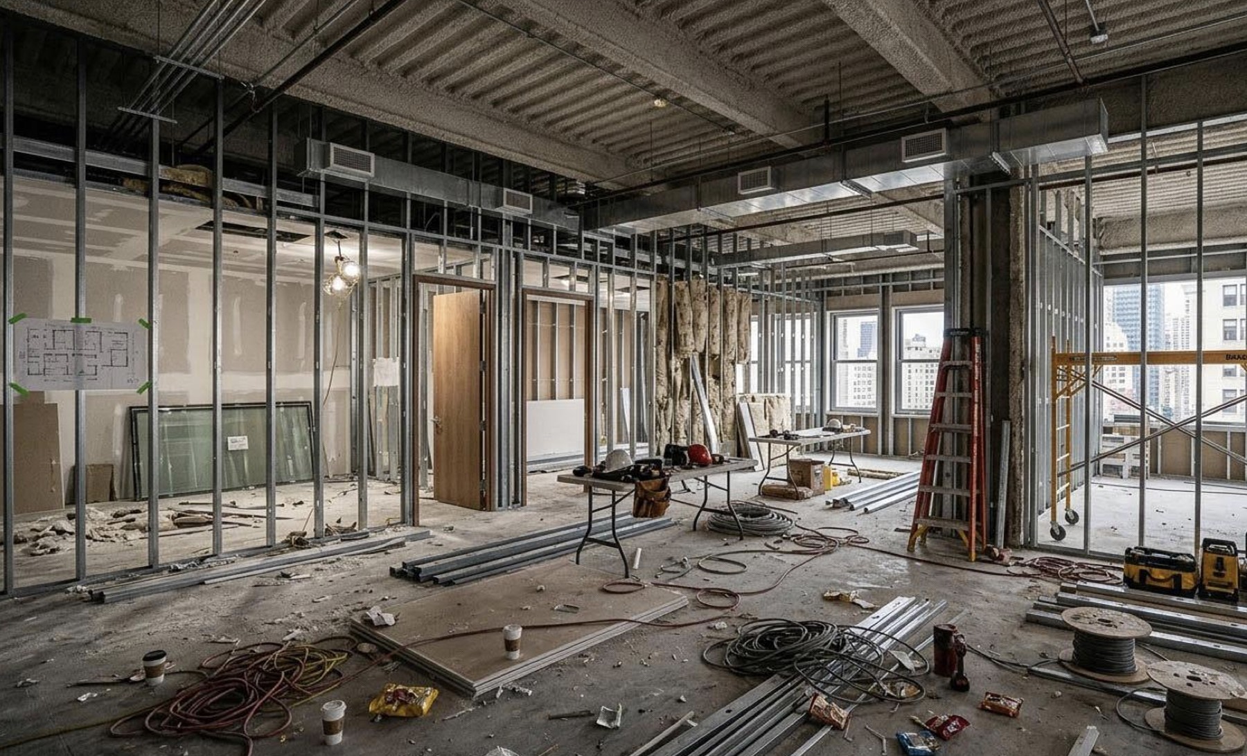 Commercial office space mid-demolition with framing exposed