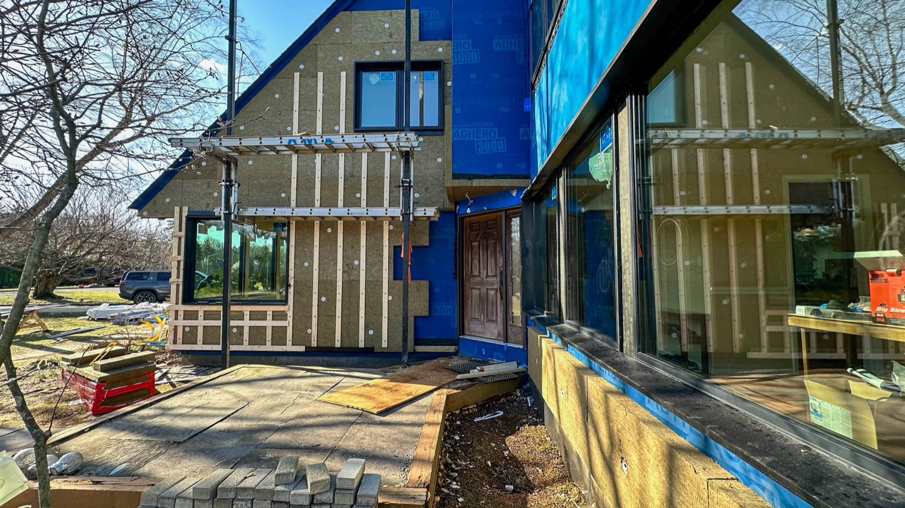 Close-up of a rainscreen weather barrier system with window installed